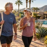 A smiling mature couple in athletic wear walks along a sunny stone path beside a swimming pool and palm trees.