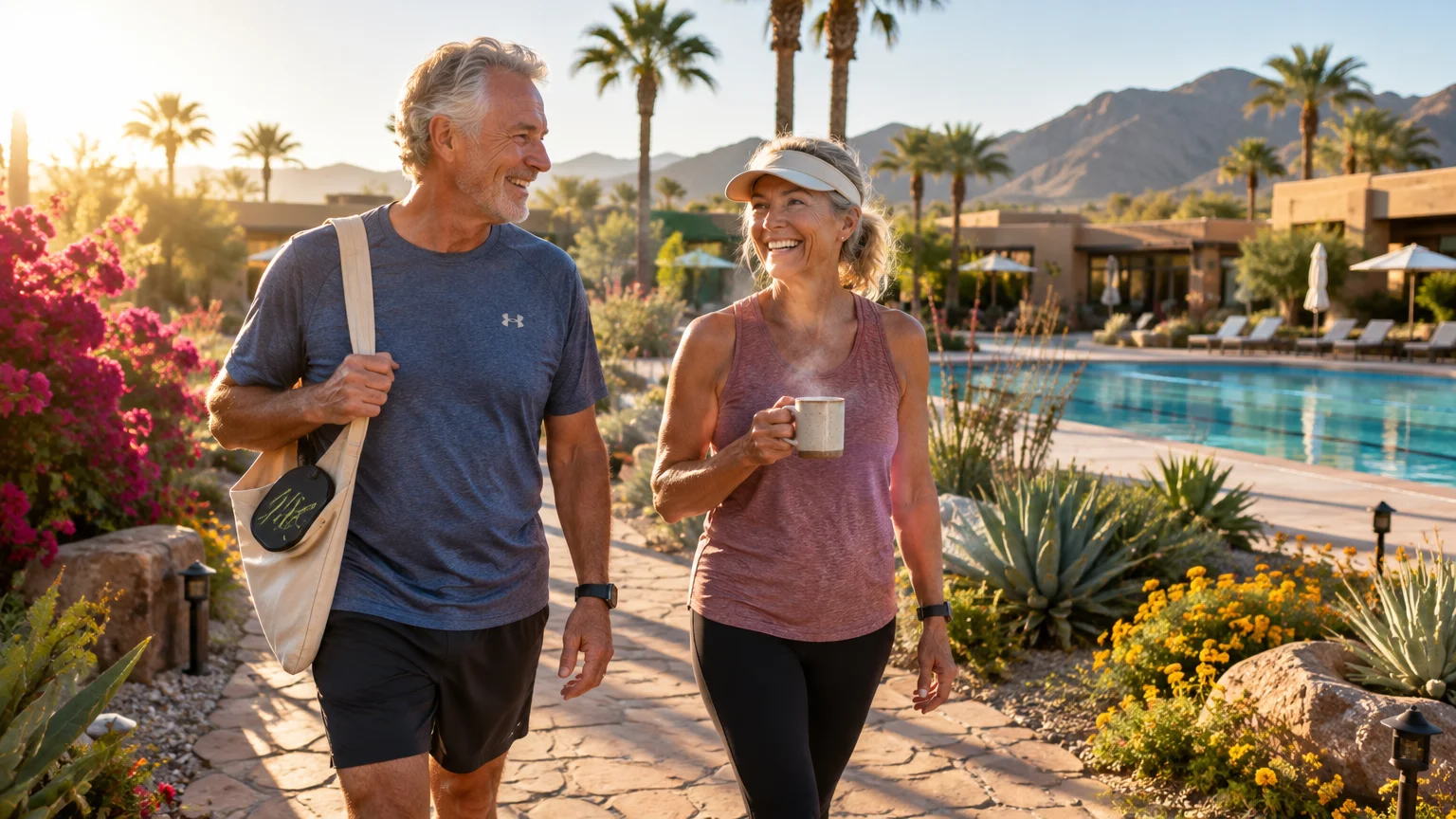 A smiling mature couple in athletic wear walks along a sunny stone path beside a swimming pool and palm trees.