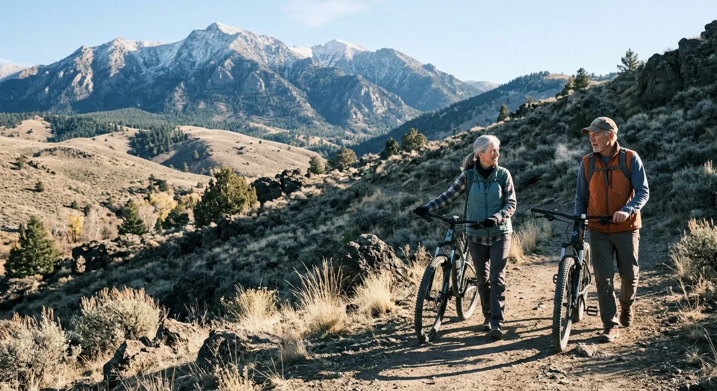 An older man and woman walking mountain bikes along a dirt hillside path with snow-dusted mountains behind them.