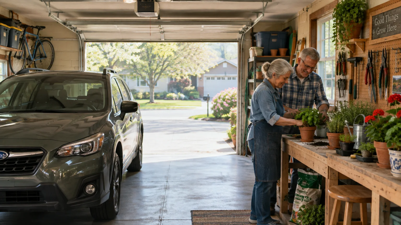 Older couple potting plants at a workbench inside an open garage next to a parked car and tools.
