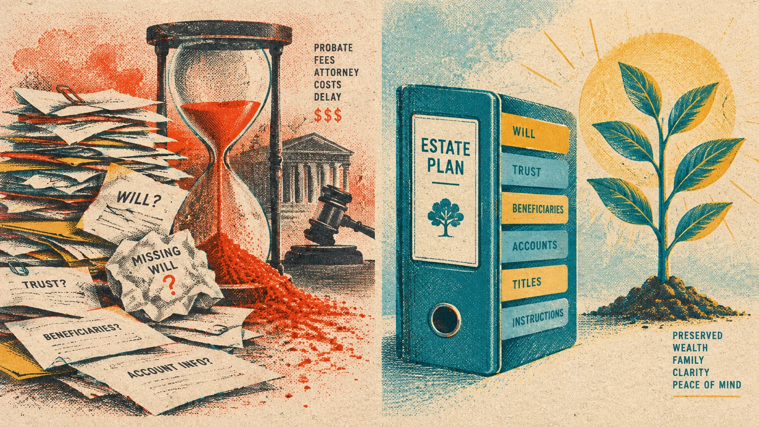 Split illustration contrasting messy legal papers by an hourglass and gavel with an organized estate plan binder and plant.