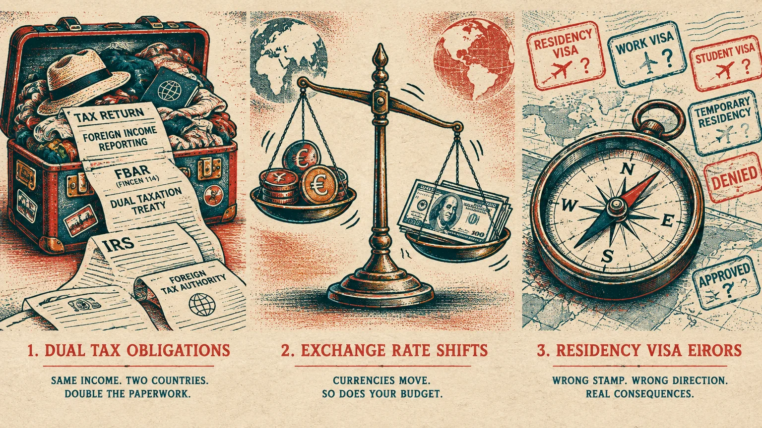 Three-panel vintage illustration showing tax forms in a suitcase, currency on a scale, and a compass with visa stamps.