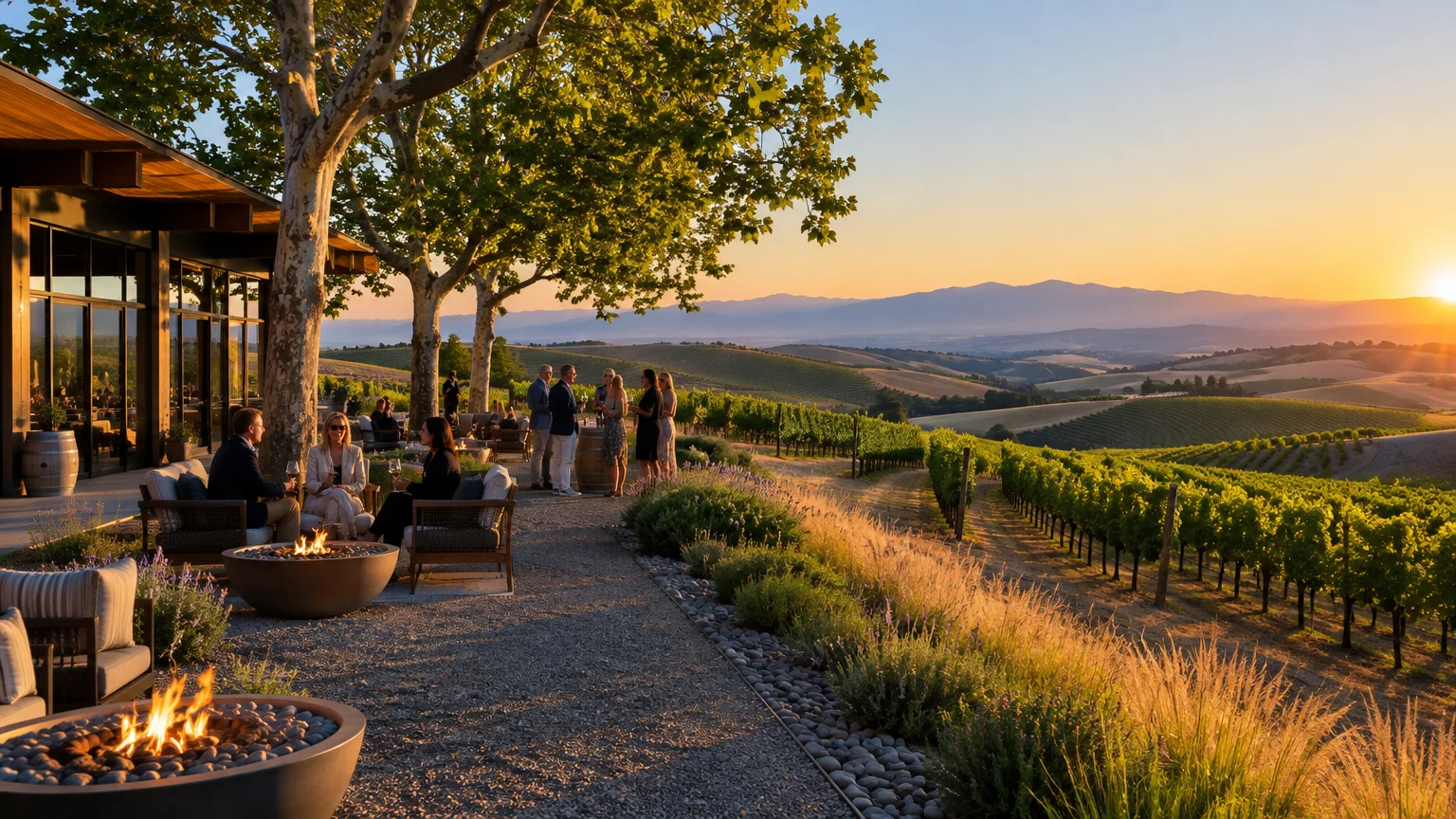 People relaxing on a winery patio with fire pits overlooking rolling vineyard hills at sunset.