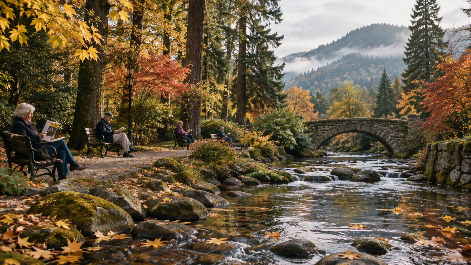 People reading on park benches beside a rocky stream and stone arch bridge framed by autumn trees and mountains.