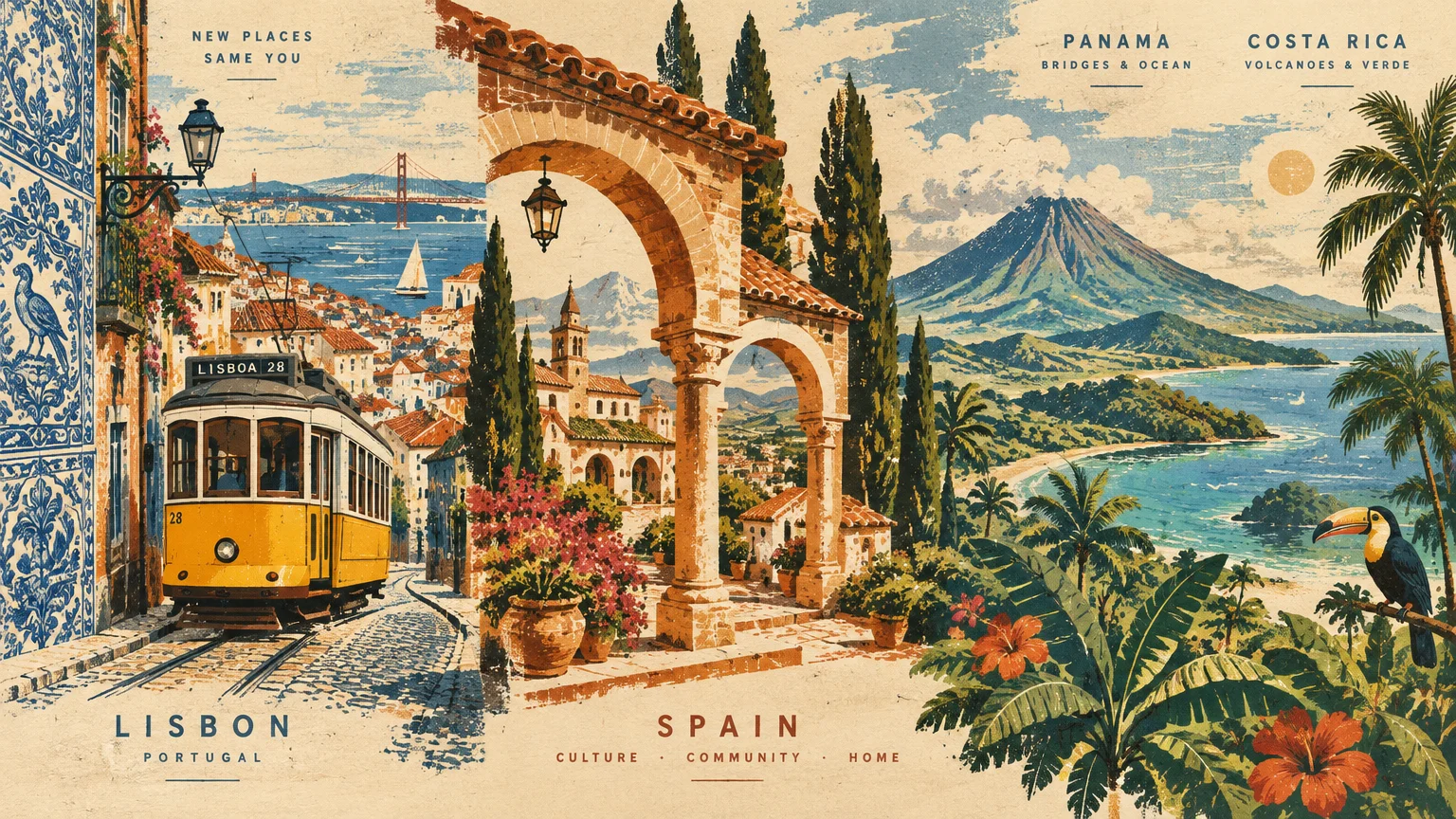 Travel illustration collage featuring a Lisbon yellow tram, a Spanish stone archway, and a tropical volcano beach scene.