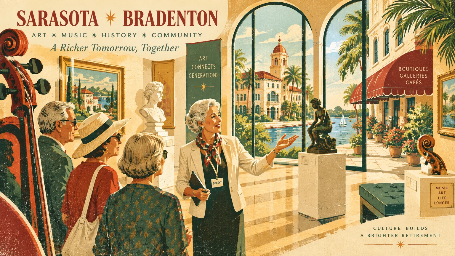 Illustrated museum docent leading a tour group before arched windows overlooking coastal buildings and a courtyard cafe.