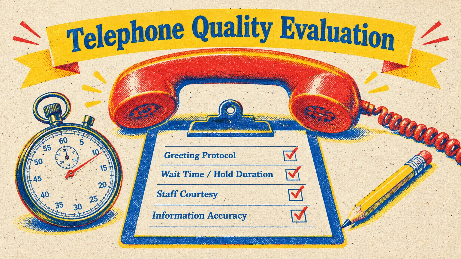 Illustration of a red telephone handset above a checklist clipboard, flanked by a stopwatch and yellow pencil.