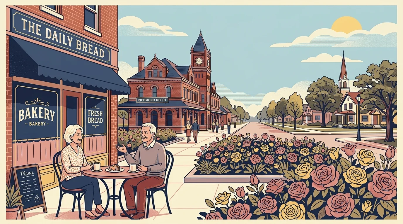 Illustration of an older couple sitting outside a town bakery near rose flowerbeds and a historic brick depot.