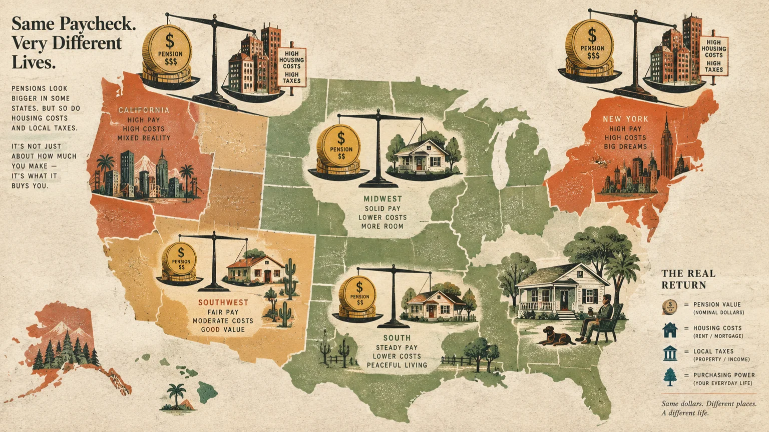 Illustrated US map with balance scales weighing pension coins against houses and city buildings across regions.