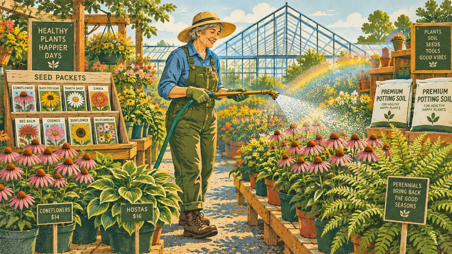 Illustration of a smiling senior woman in overalls watering potted flowers outside a greenhouse with a hose.