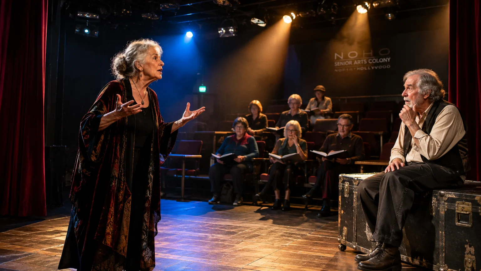 Senior actors perform on a wooden stage under spotlights while seated audience members watch with scripts.