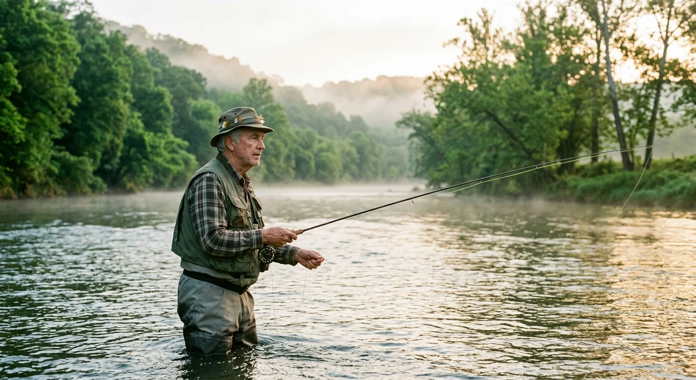 Senior man wearing fishing waders and a hat casting a fly rod while standing in a misty, tree-lined river.
