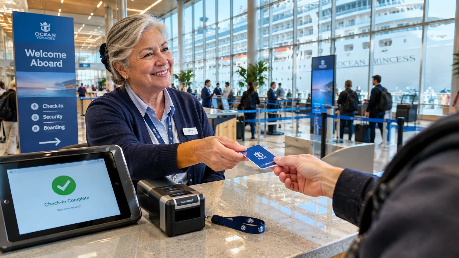 A smiling senior woman behind a cruise terminal check-in counter hands a blue keycard to a passenger.