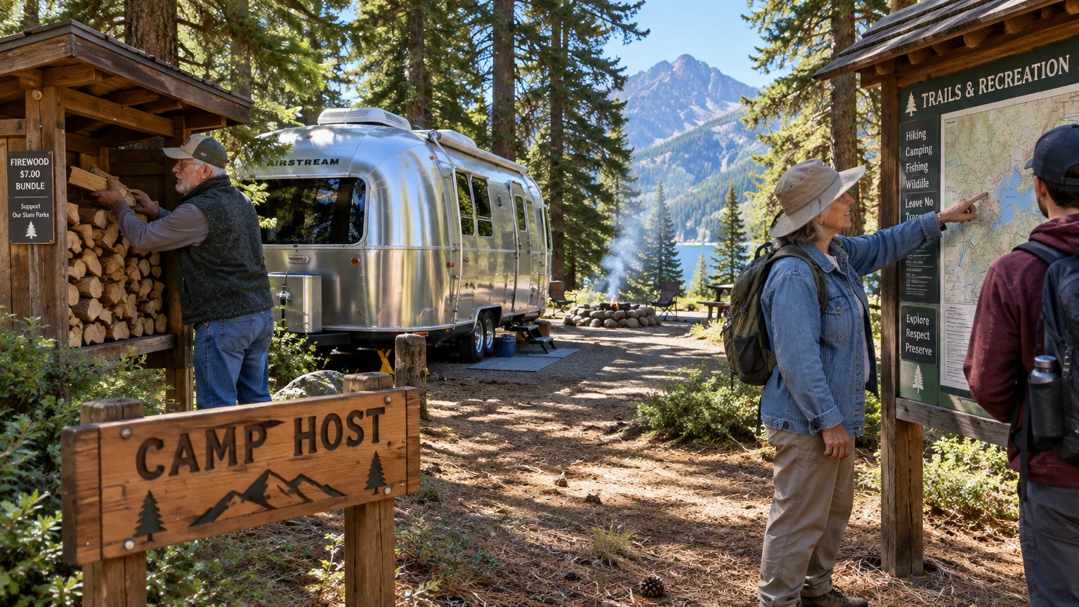 A camp host points at a trail map for a visitor next to an Airstream trailer in a scenic forest campsite.