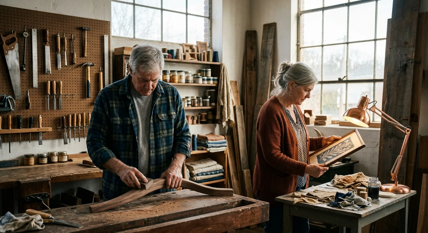 A man sanding curved wood at a workbench alongside a woman inspecting framed art in a sunlit workshop.