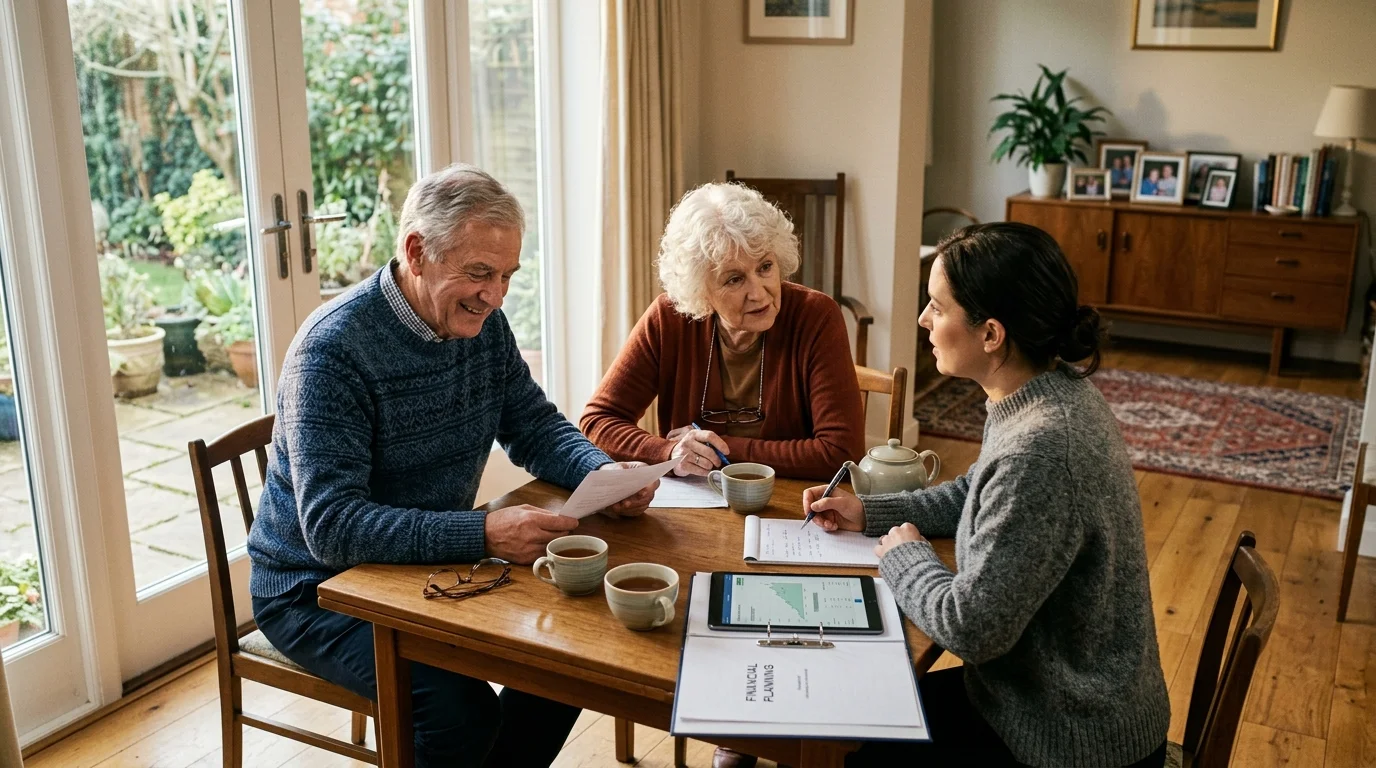 Senior couple sitting at a wooden dining table reviewing paperwork with a financial advisor holding a pen.