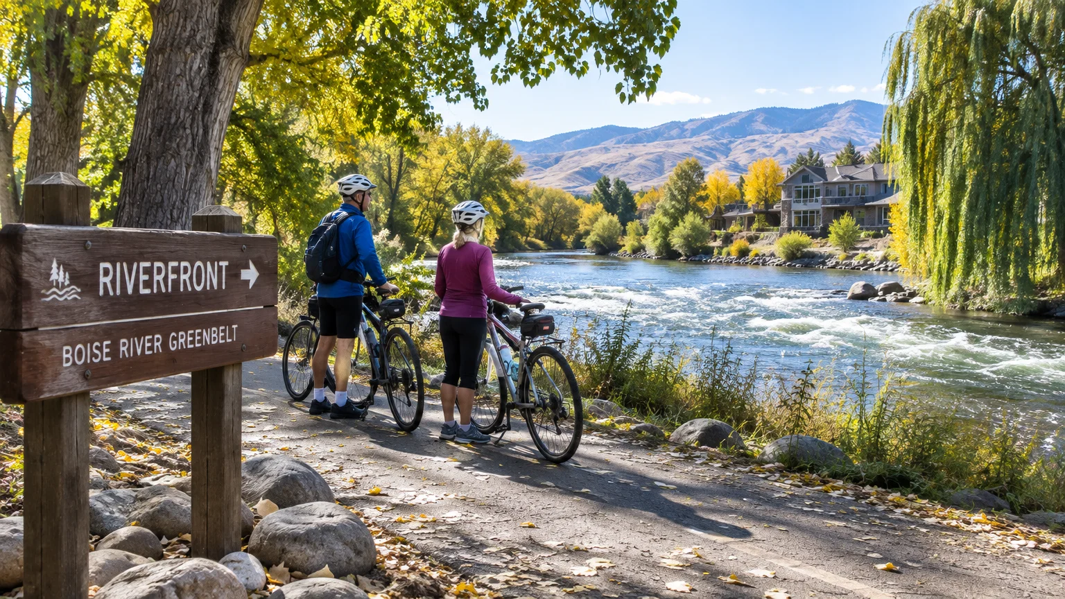 Two cyclists standing with bicycles next to a wooden sign along the Boise River Greenbelt trail by a rushing river.