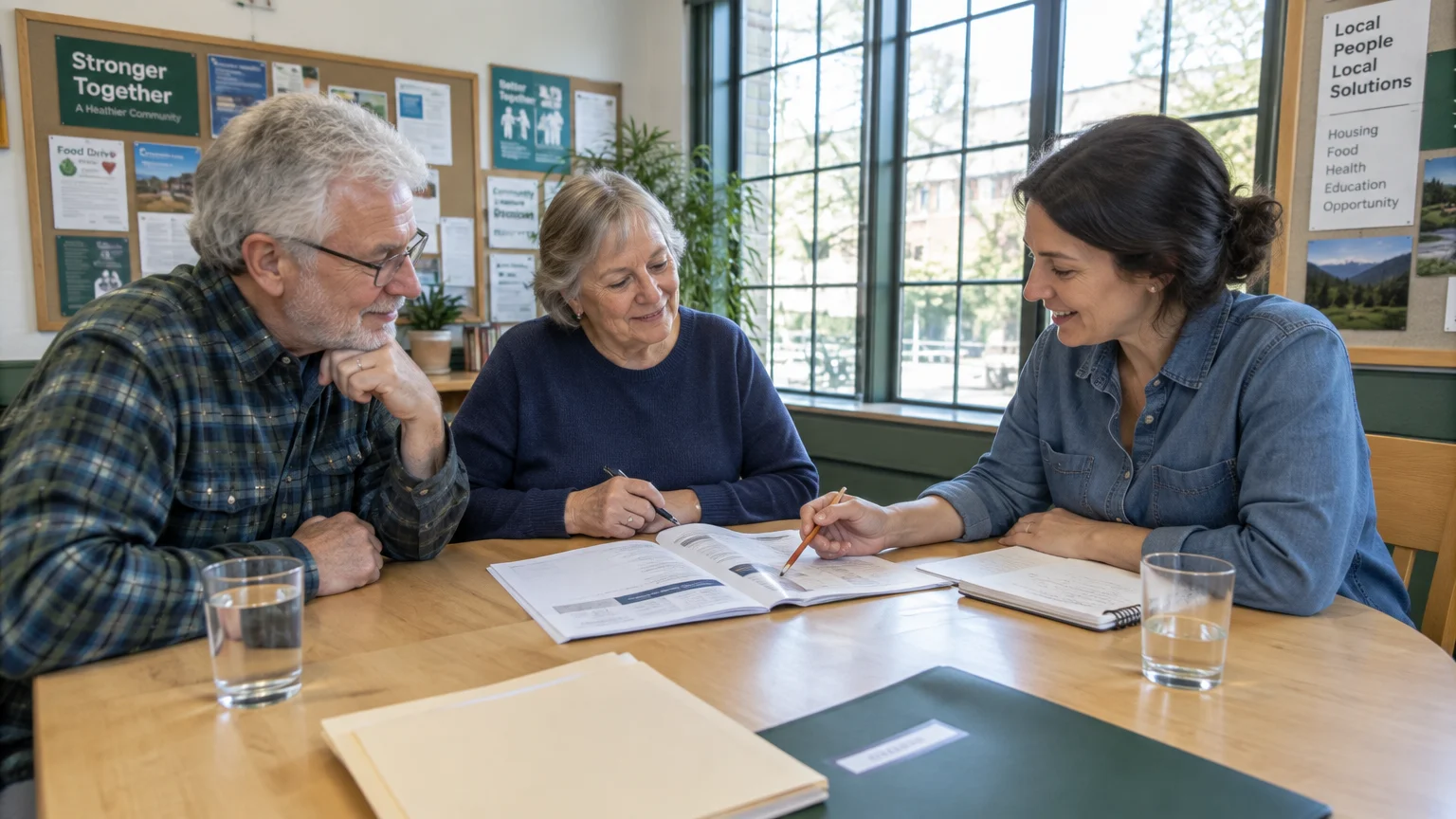 A counselor points to paperwork while advising an older couple seated together at a wooden table in a community office.