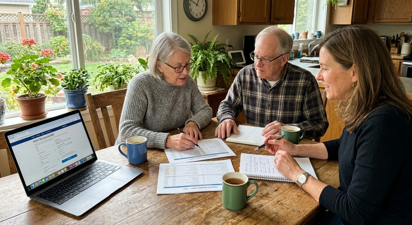 A senior couple sits at a wooden table reviewing paperwork and a laptop with a financial professional.