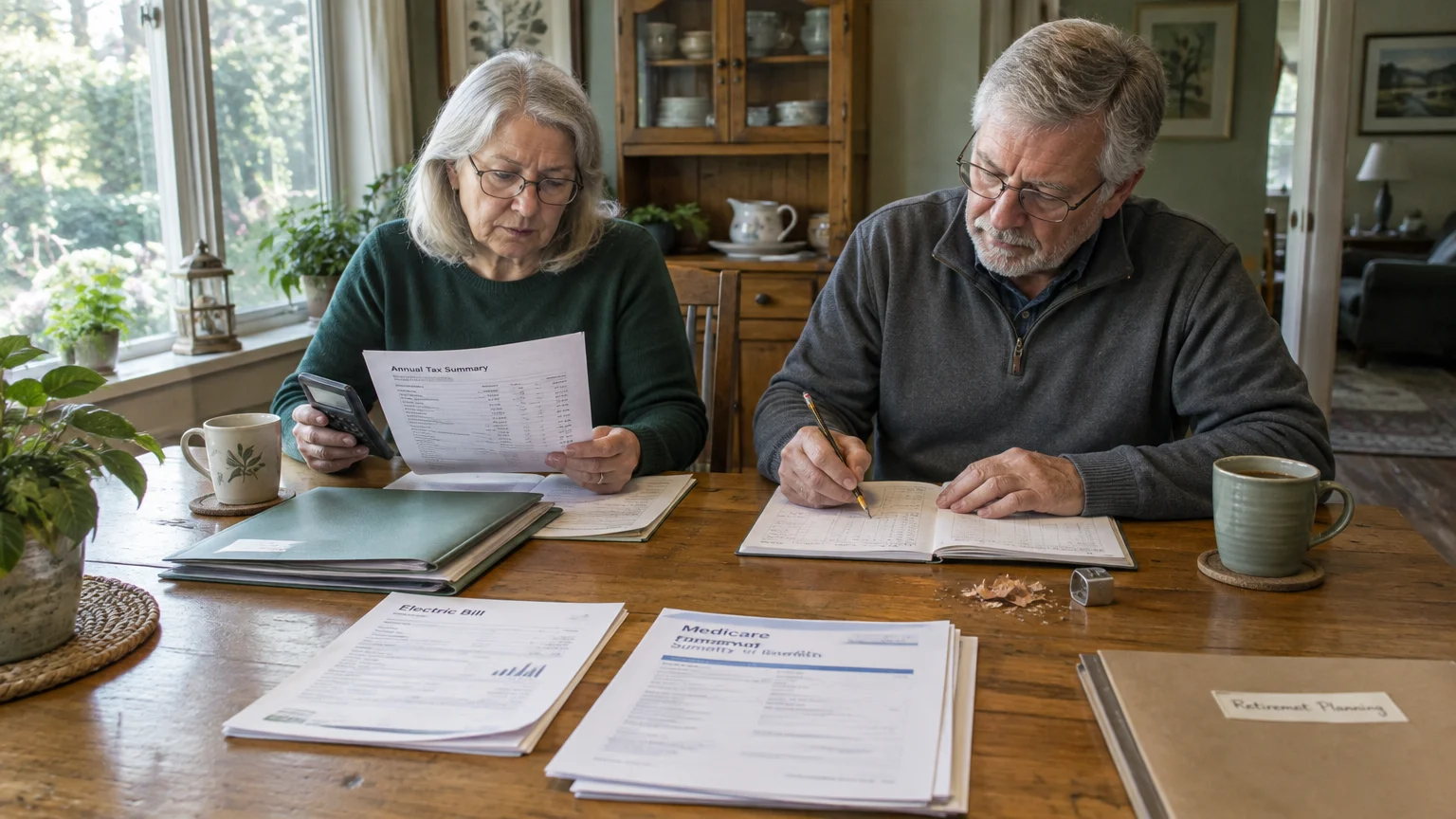 Senior couple sitting at a wooden dining table reviewing tax summaries, bills, and paperwork with a calculator and pencil.