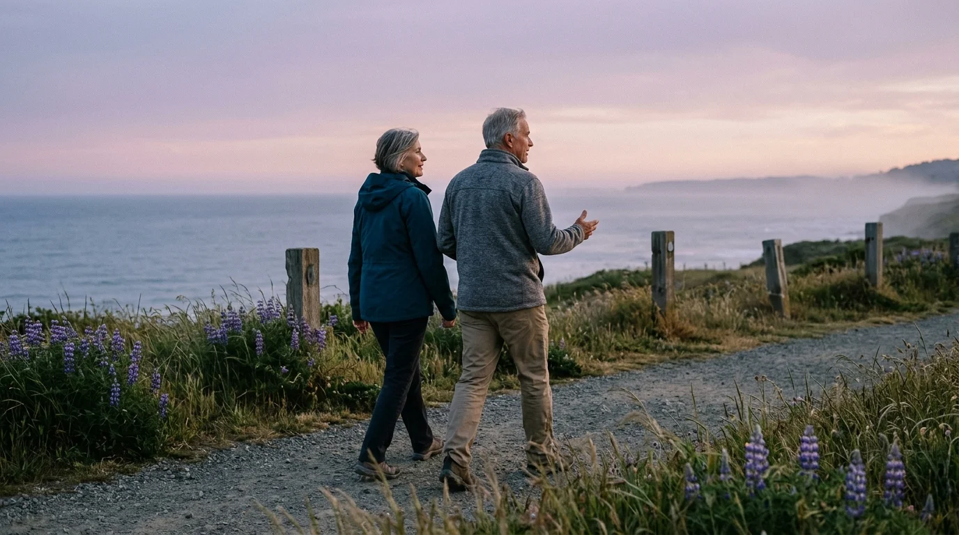 Older couple walking along a dirt coastal path bordered by purple lupines overlooking the ocean at dusk.