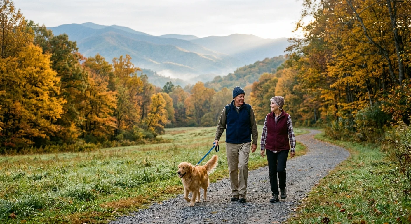 An older couple walks their golden retriever along a gravel trail bordered by autumn trees and rolling mountains.