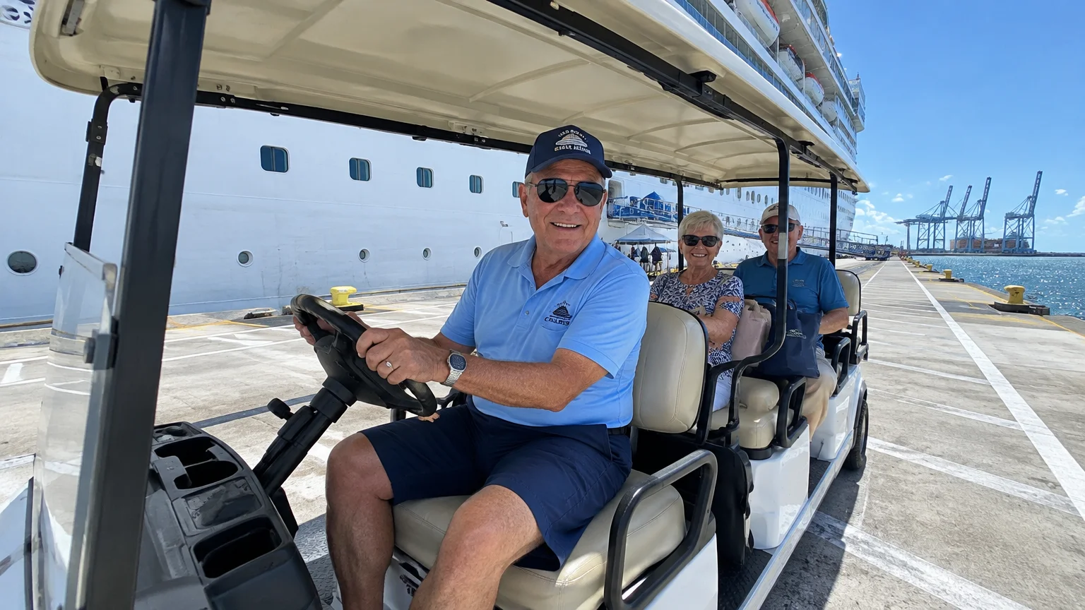 A smiling man drives an electric shuttle cart carrying two passengers along a pier beside a large cruise ship.