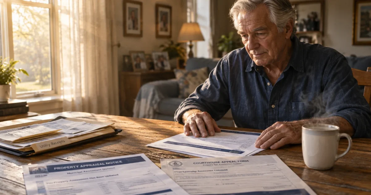 An older man sits at a wooden table reviewing a property appraisal notice and courthouse appeal form beside a steaming mug.