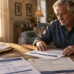 An older man sits at a wooden table reviewing a property appraisal notice and courthouse appeal form beside a steaming mug.