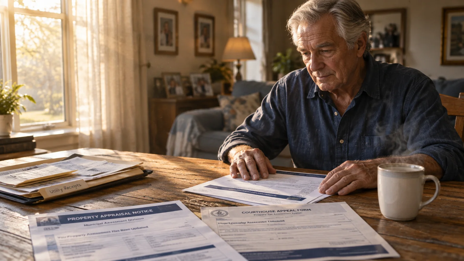 An older man sits at a wooden table reviewing a property appraisal notice and courthouse appeal form beside a steaming mug.