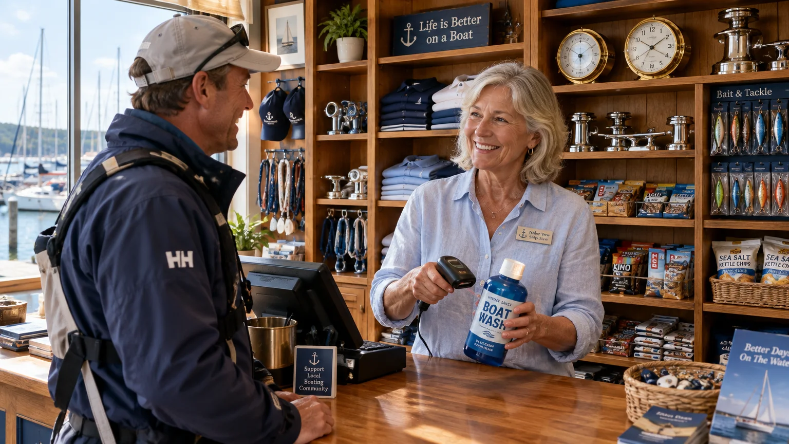 A smiling mature woman scans a bottle of boat wash for a customer at a wooden counter inside a marina store.