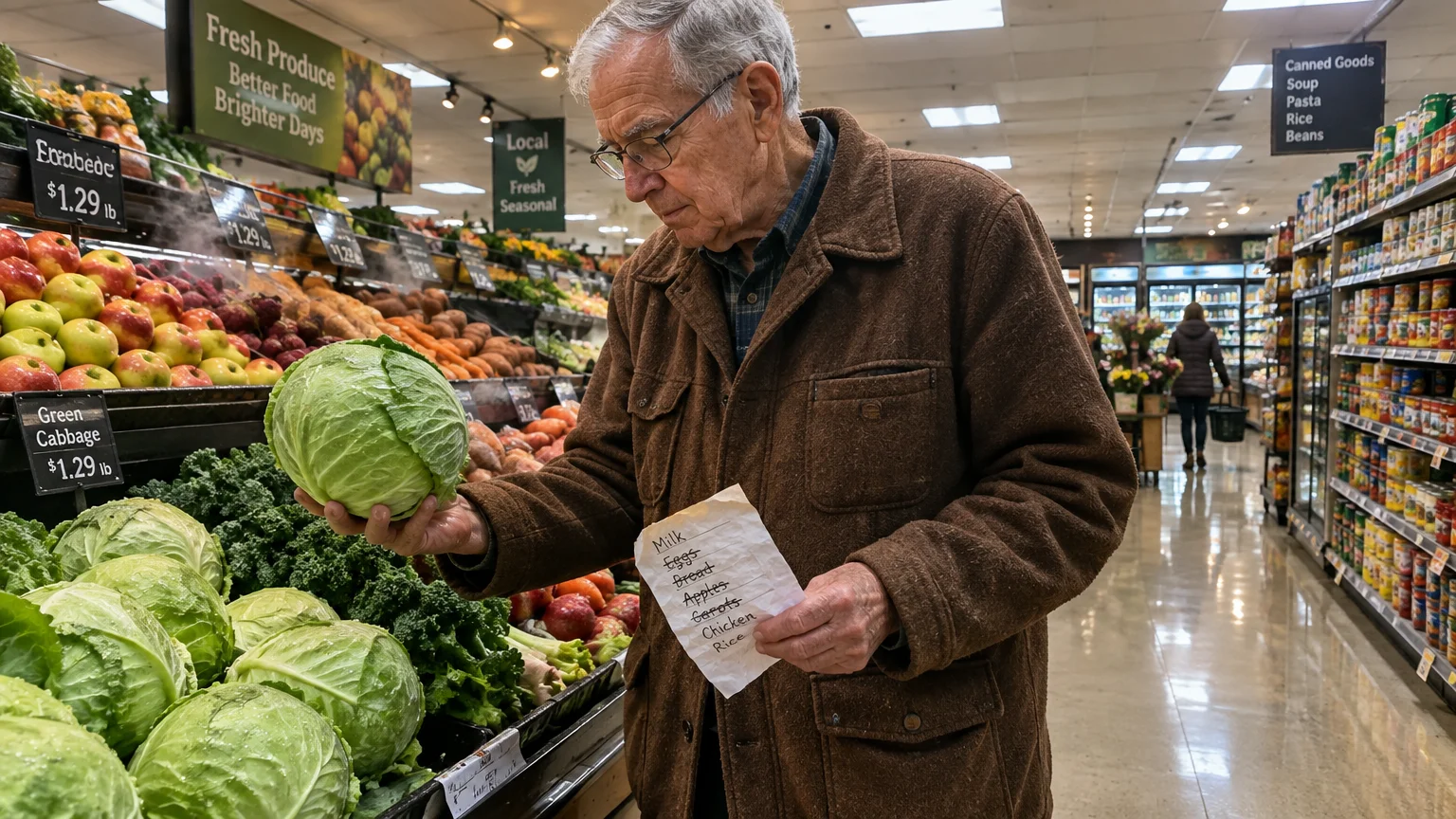 An elderly man in glasses holds a cabbage and a handwritten grocery list in a supermarket produce aisle.