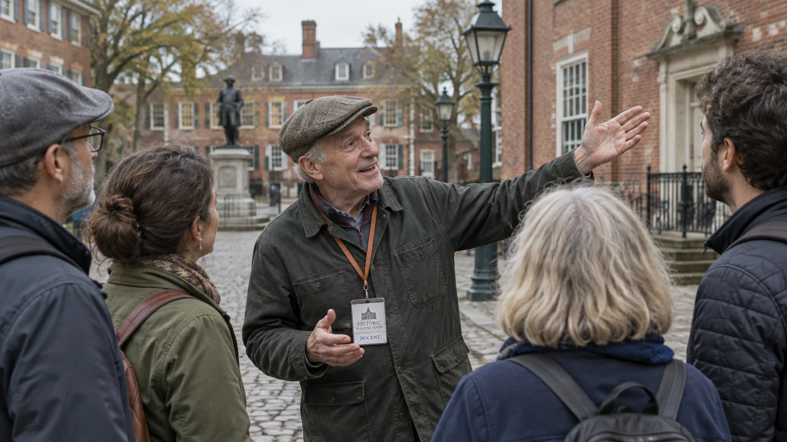 A senior docent wearing a flat cap and badge gestures toward a brick building while addressing a tour group.