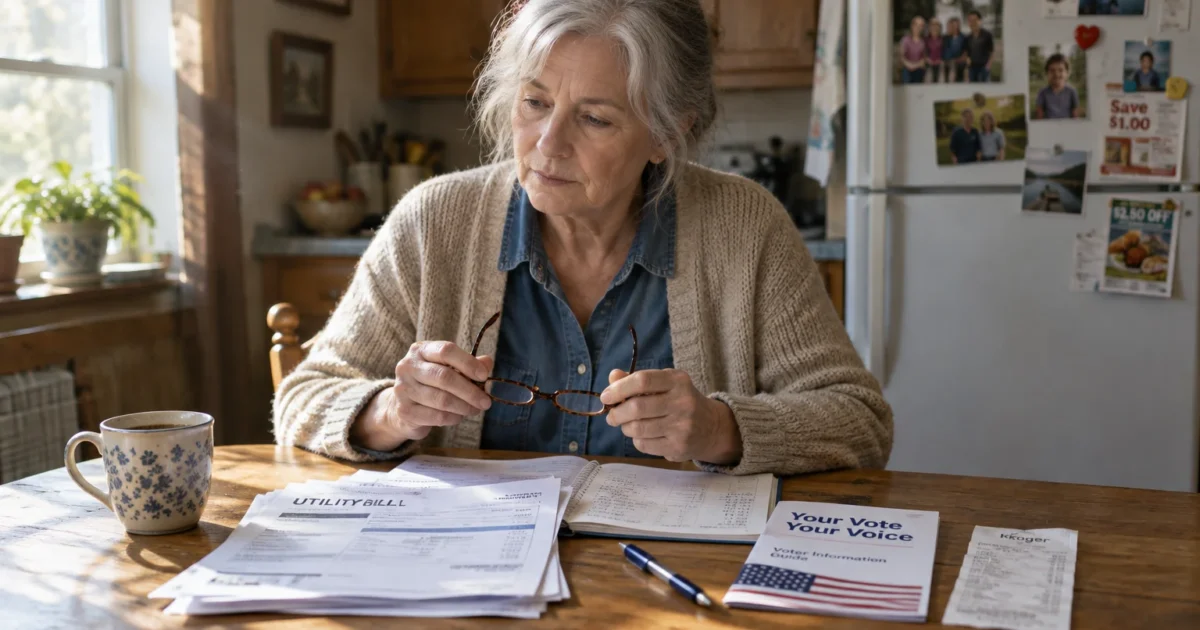 An older woman sitting at a kitchen table looking down at utility bills, a notebook, and a voter information guide.