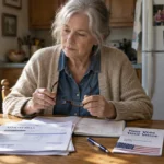 An older woman sitting at a kitchen table looking down at utility bills, a notebook, and a voter information guide.