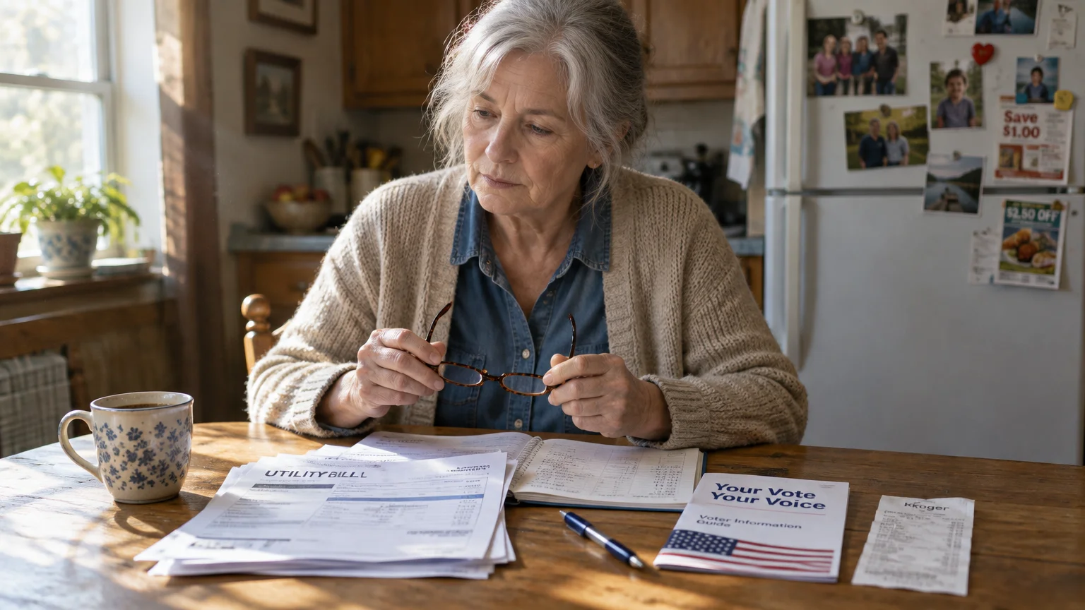 An older woman sitting at a kitchen table looking down at utility bills, a notebook, and a voter information guide.
