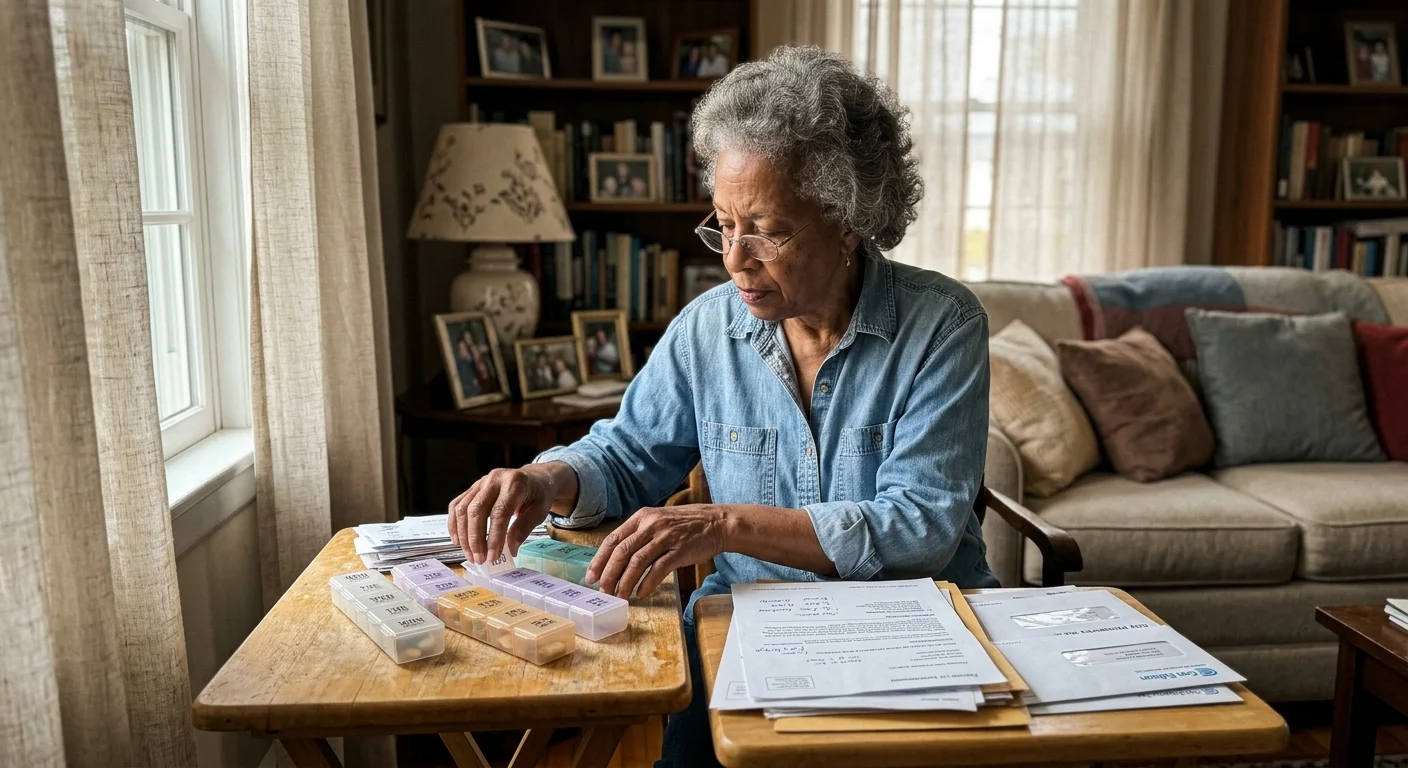 An older woman with glasses organizes multiple weekly pill boxes next to mail and paperwork on wooden tray tables.