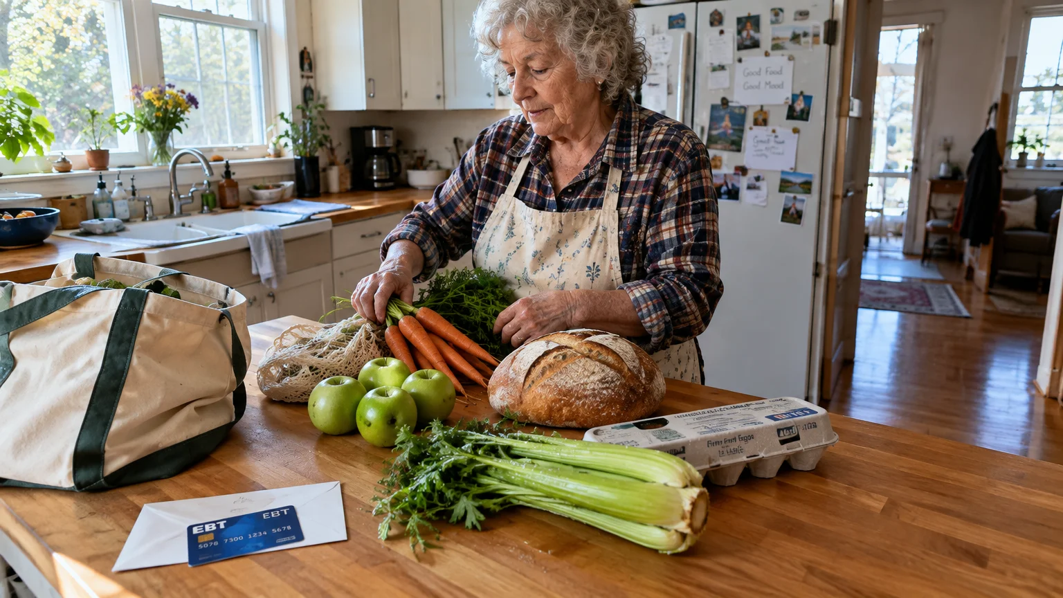 Senior woman in an apron unpacking fresh groceries onto a wooden kitchen counter next to an EBT card on an envelope.
