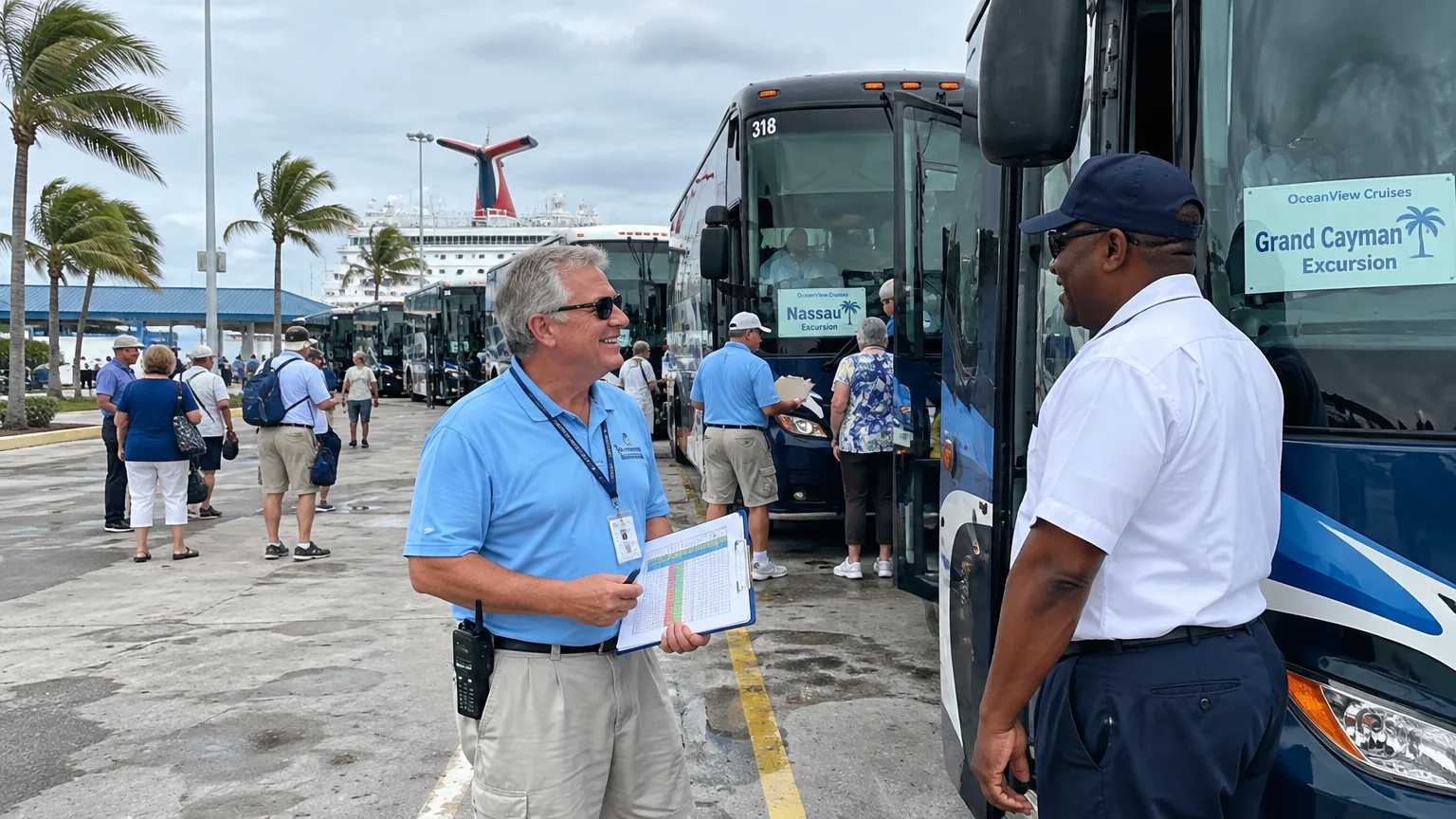 A port dispatcher holding a clipboard speaks with a bus driver next to tour buses near a cruise ship.