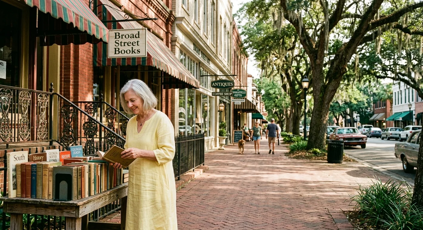 A woman browses an outdoor book display along a brick sidewalk lined with historic storefronts and trees.