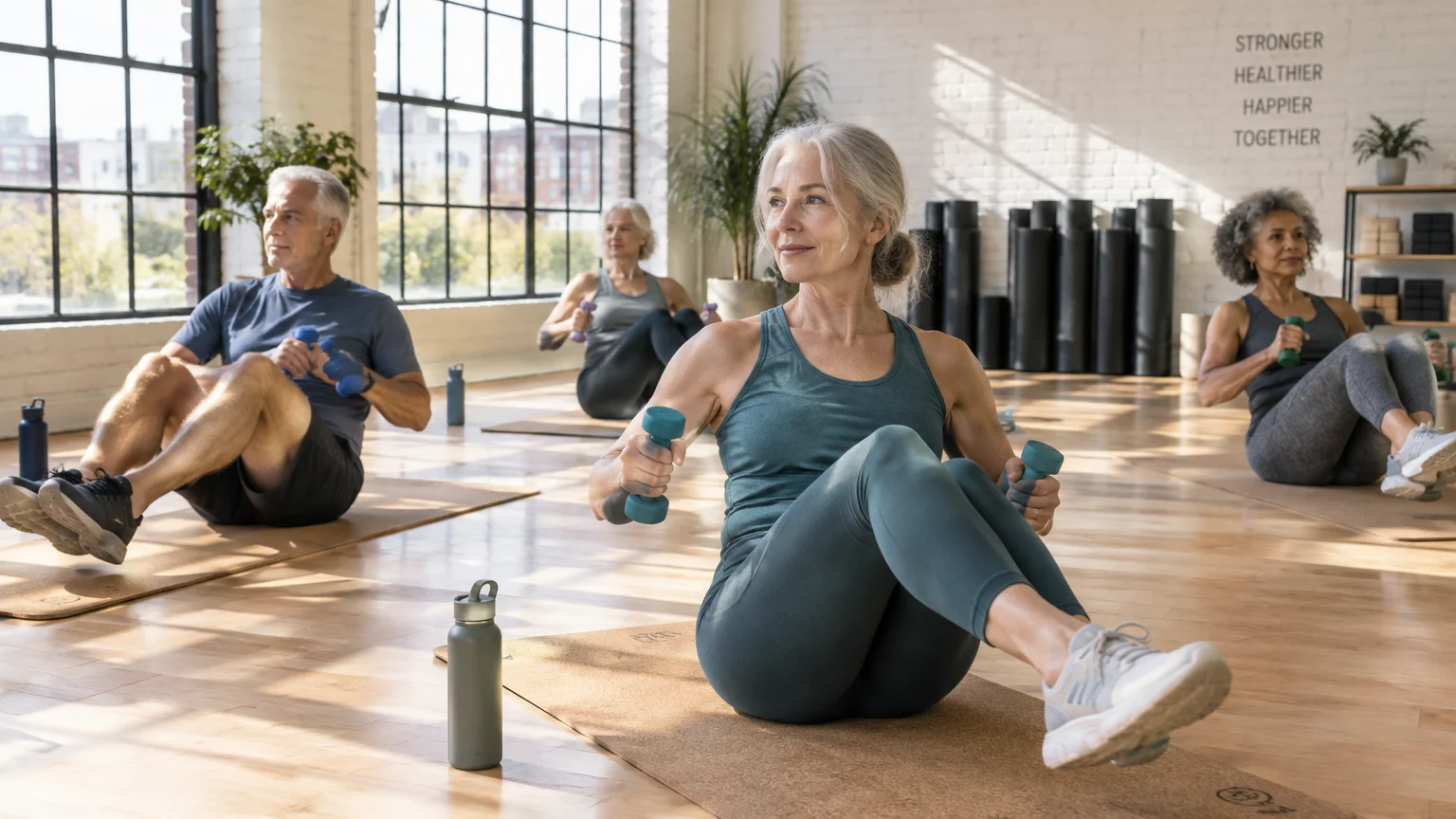 Older adults in an exercise studio holding small dumbbells while balancing on mats during a workout class.