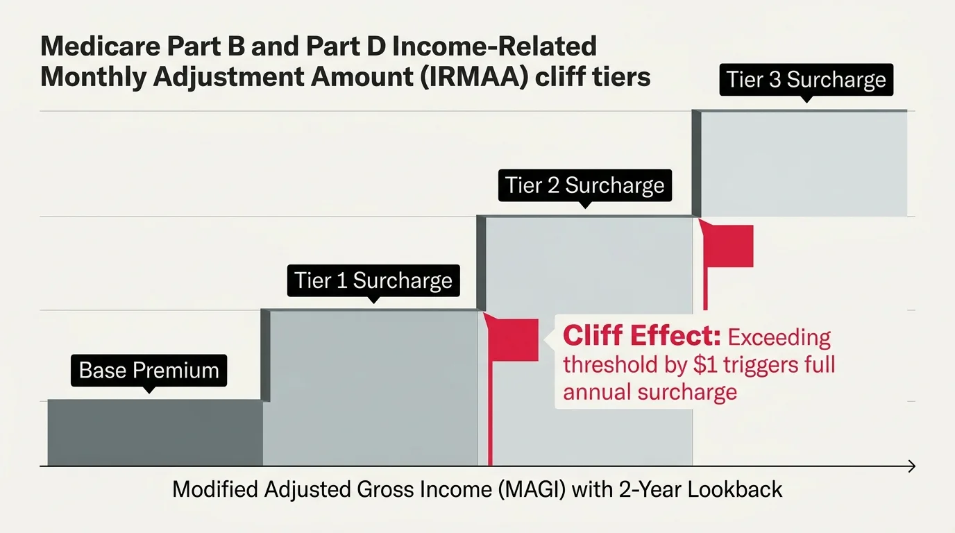 Step chart illustrating Medicare Part B and Part D IRMAA cliff tiers increasing with Modified Adjusted Gross Income.