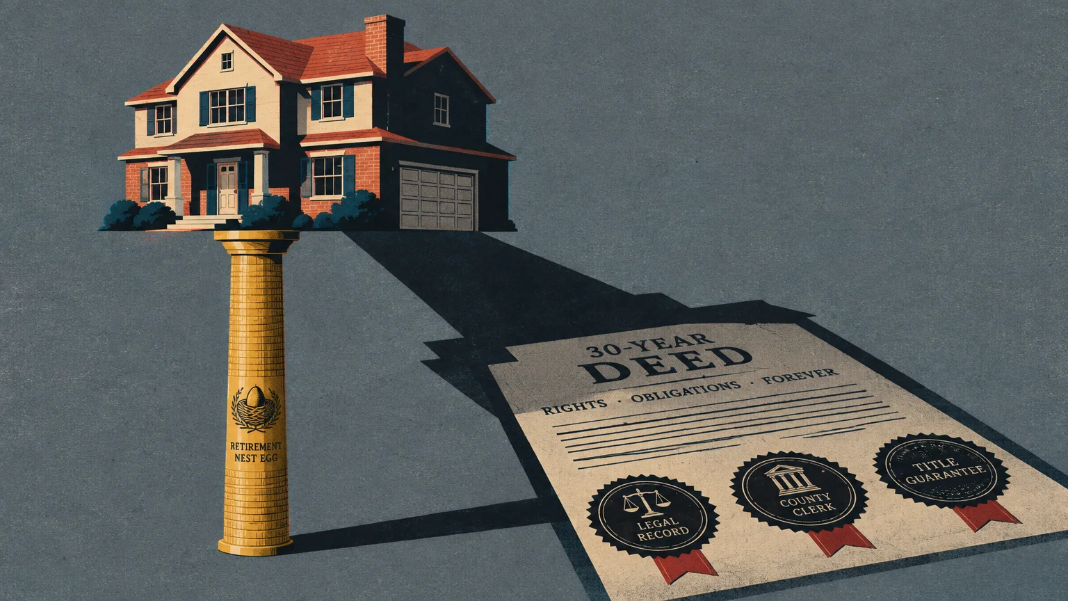 Illustration of a house balanced on a golden column labeled retirement nest egg, casting a shadow as a 30-year deed.