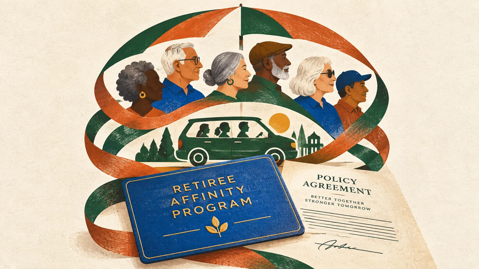 Illustration of diverse senior adults under an umbrella with a car, membership card, and insurance policy agreement.
