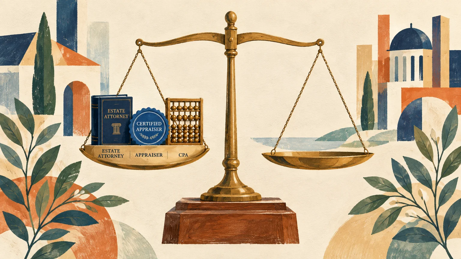 Brass balance scale with law books, an appraiser seal, and an abacus on one tray against an architectural backdrop.
