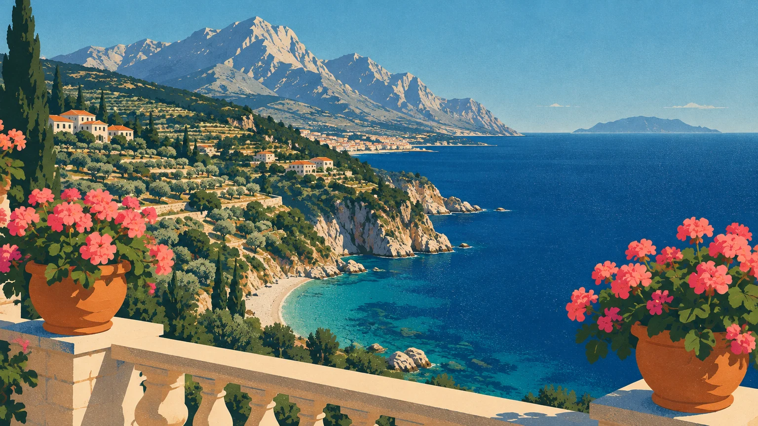 Illustration of a balcony with potted pink flowers overlooking a Mediterranean coastline with blue sea and mountains.