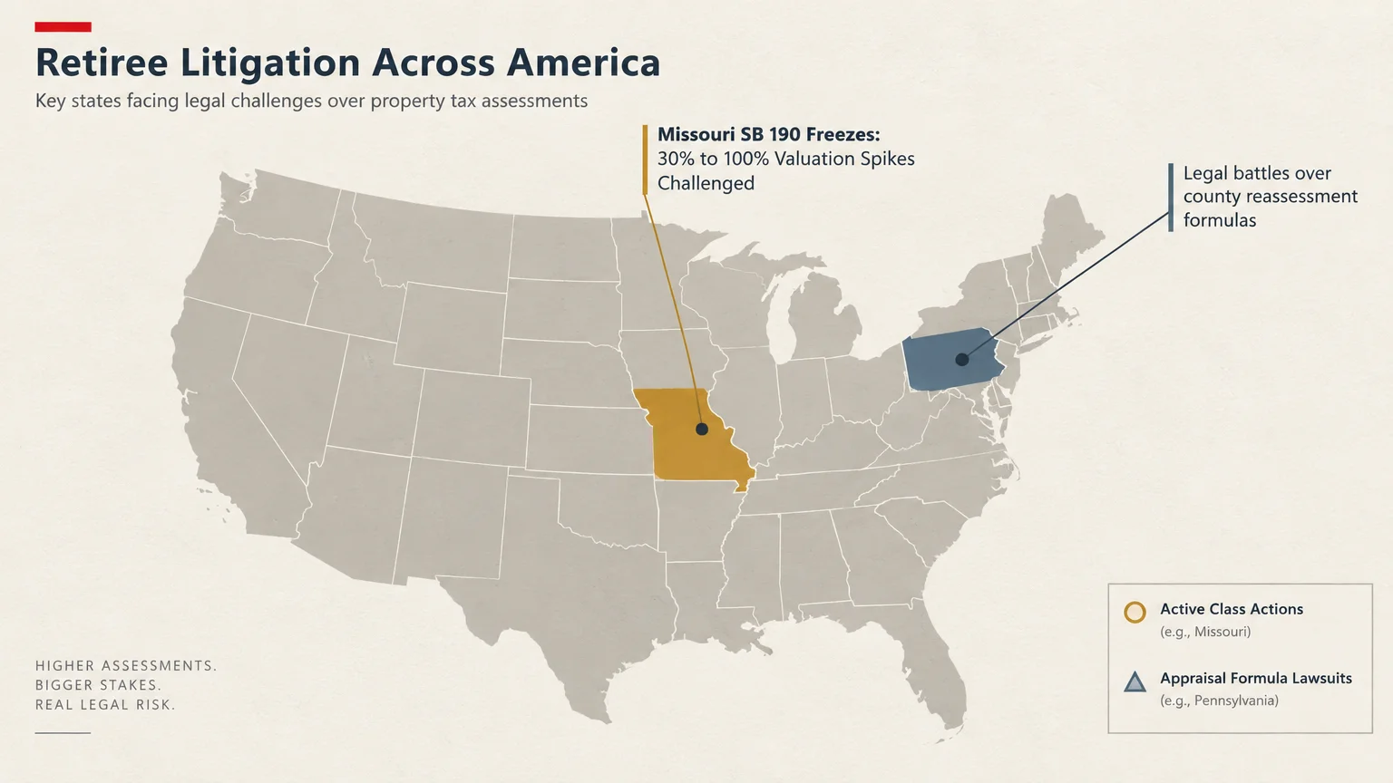 US map highlighting Missouri and Pennsylvania with callouts describing legal battles over property tax reassessments.
