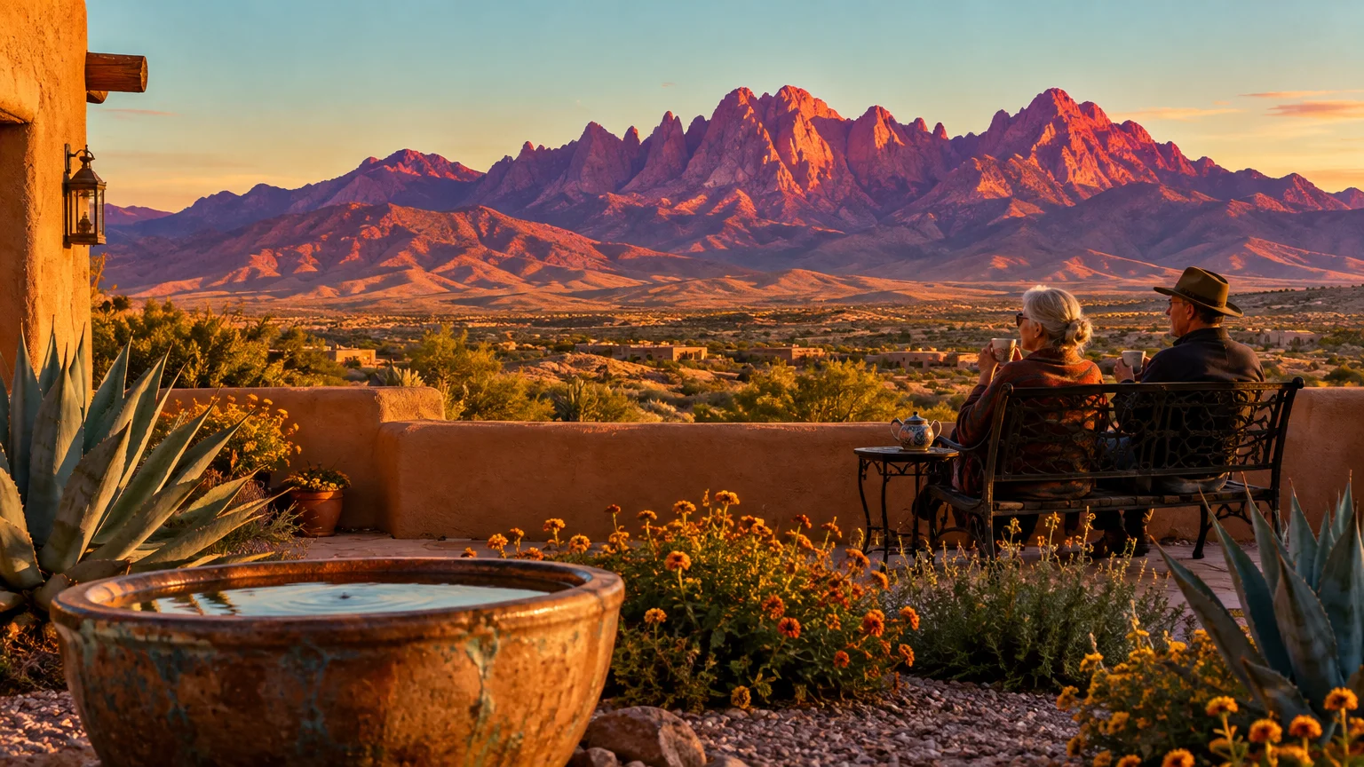 Older couple sitting on a bench on an adobe patio looking out at rugged desert mountains during sunset.