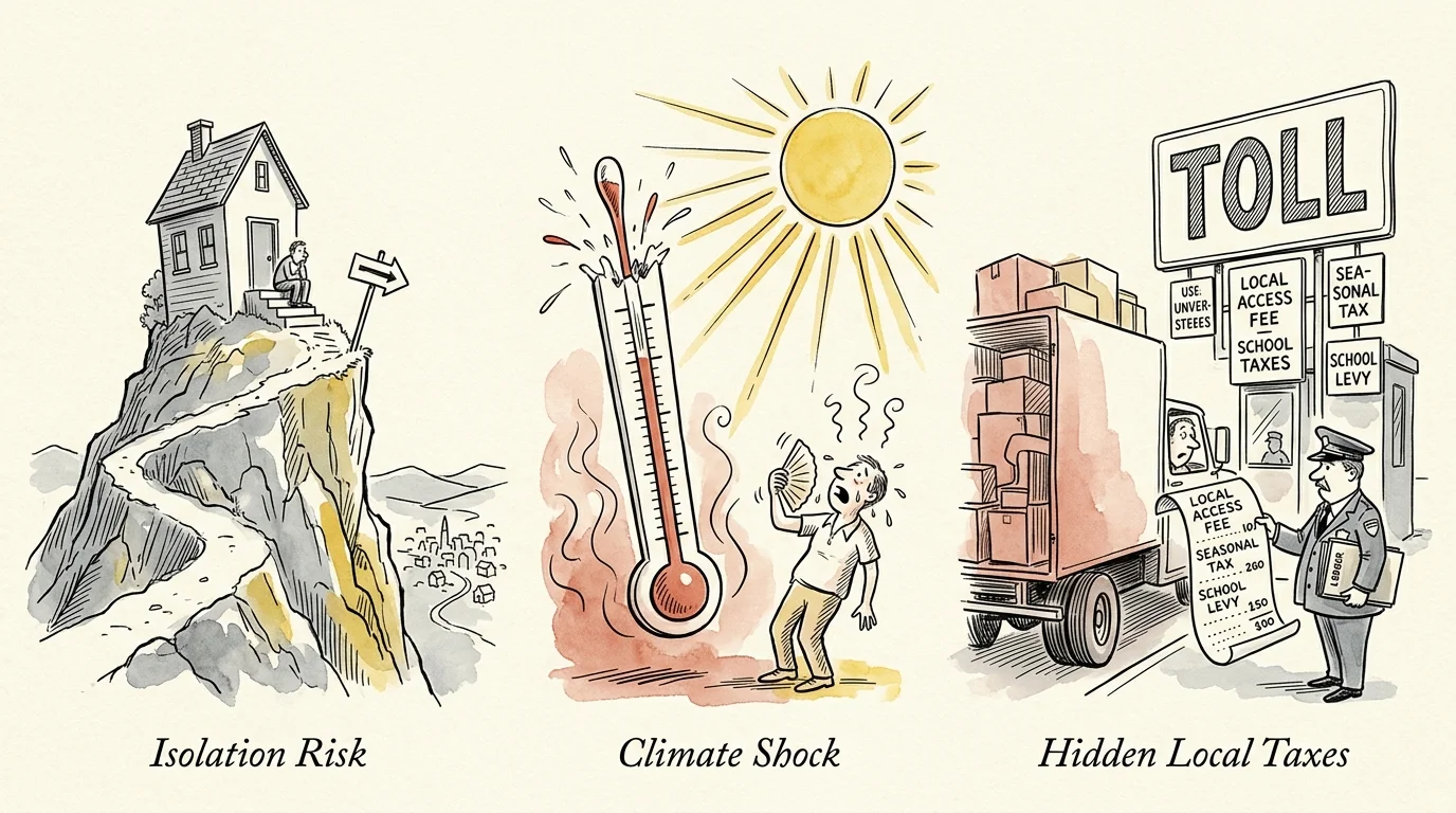 Triptych illustration showing a house on a cliff, a man overheating by a thermometer, and a moving truck at a tax tollbooth.
