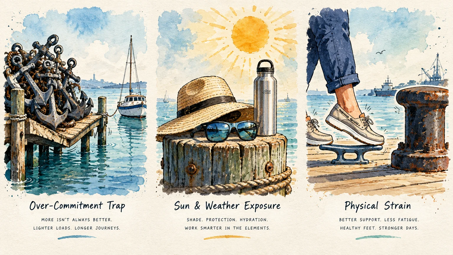 Three watercolor panels depicting overloaded dock anchors, sun protection gear on a pier, and shoes stepping near cleats.